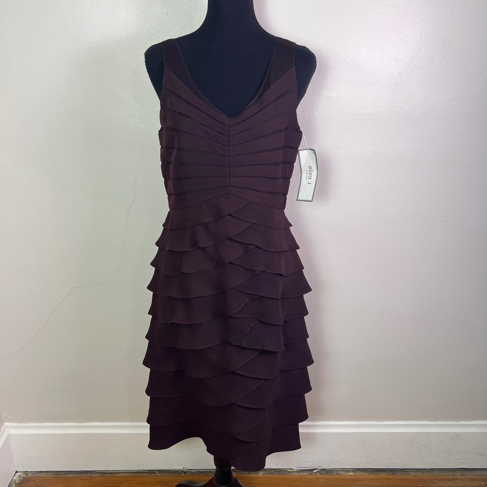 Eliza J Tiered Ruffle Cocktail Dress 12 Brown Plum Mesh V-Neck Formal Wedding